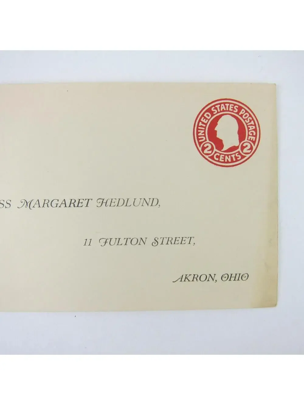 US Postal Stationery Miss Margaret Hedlund Akron Ohio 2 cent Washington Antique